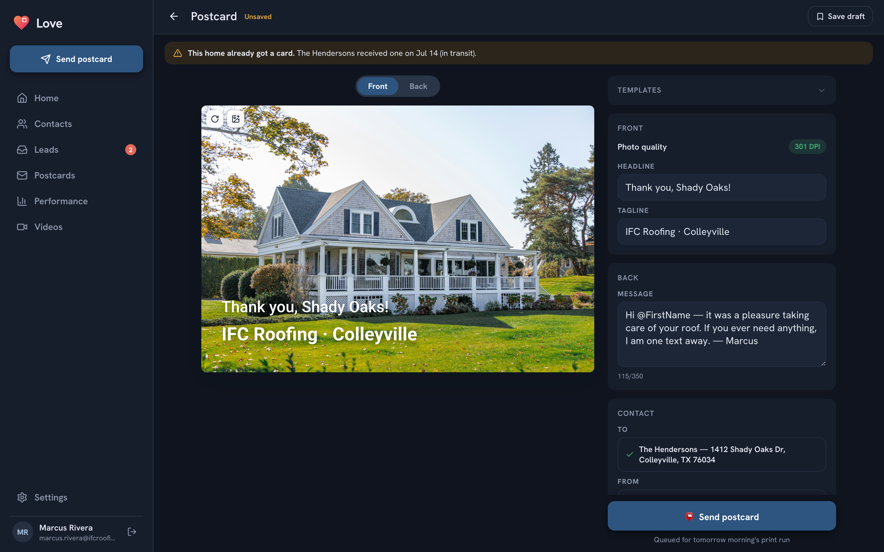 Single-page postcard composer in dark mode