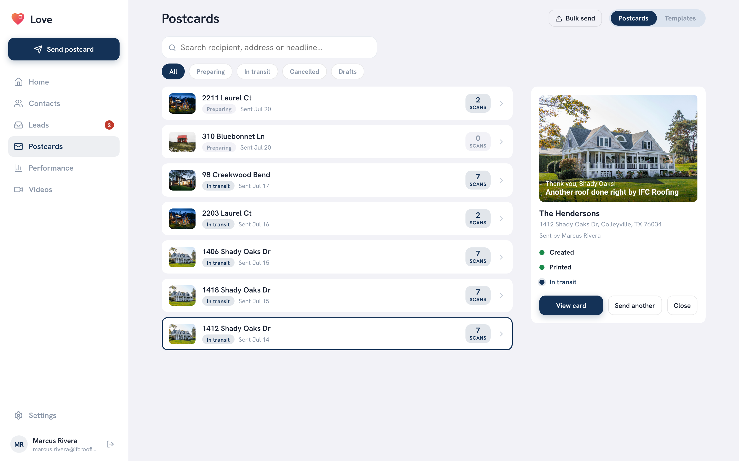 Postcards view — sent list with statuses, scans and timeline